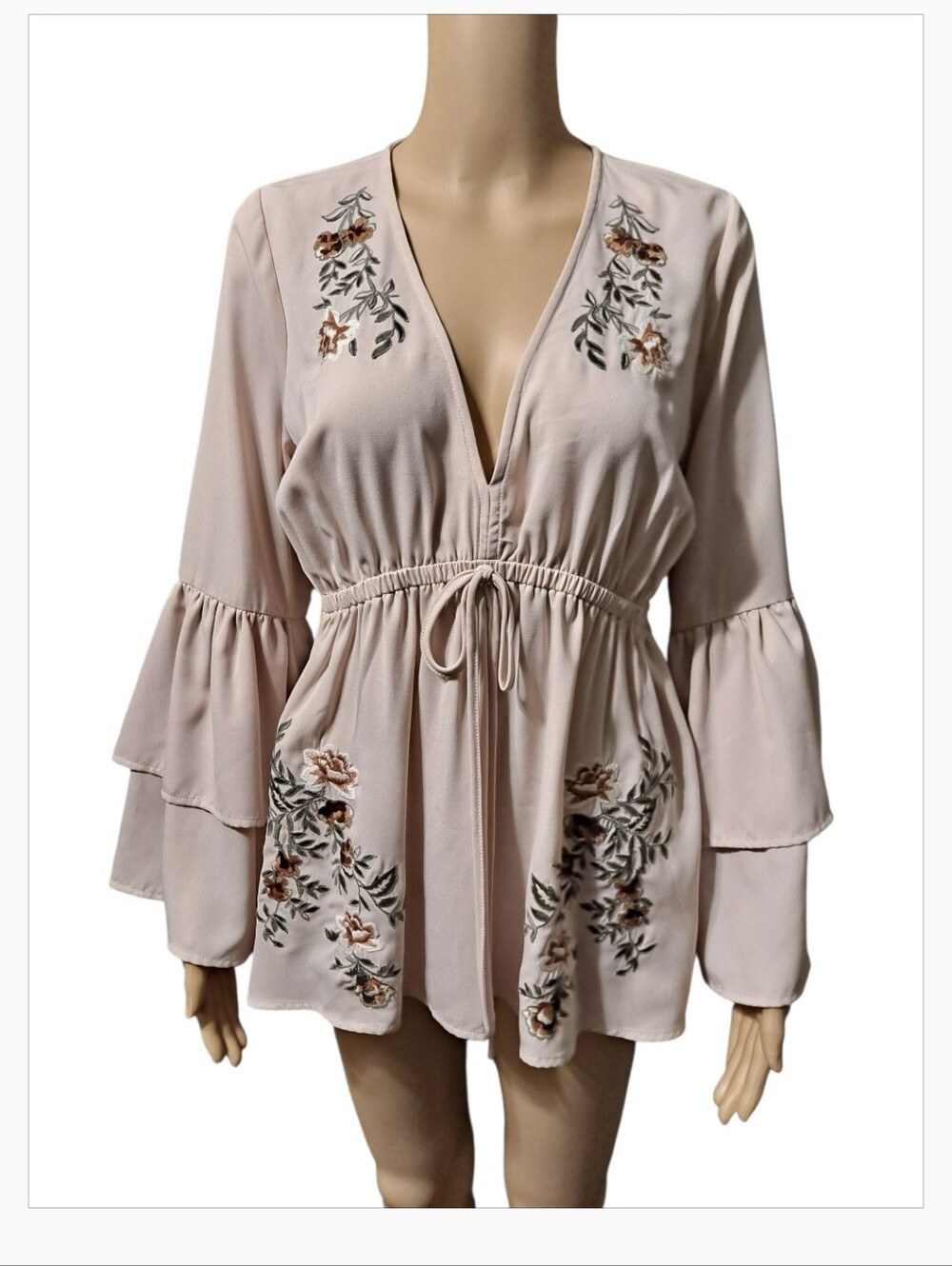 Gianni Bini GB Blush Pink Floral Embroidered V-Neck Drawstring Tunic Top
